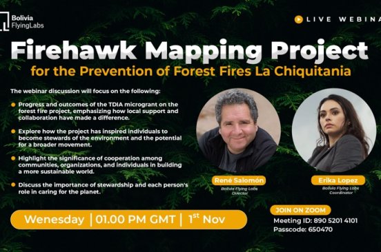 The poster for the Firehawk Mapping Project webinar shows webinar details, team members from Bolivia Flying Labs, and the discussion points.