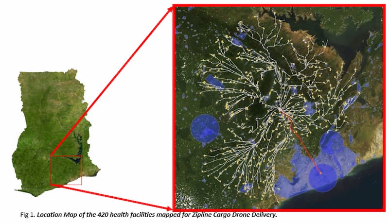 Location map of the 420 health facilities mapped for Zipline