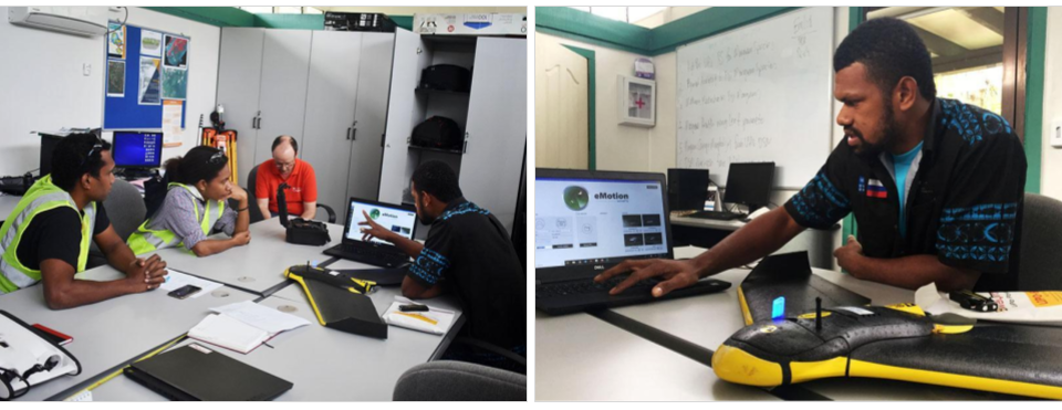 (Left) Kevin and Sophia listening attentively to Semisi as he gives his introduction. (Right) Semisi from South Pacific Flying Labs demonstrating the use of eMotion software.